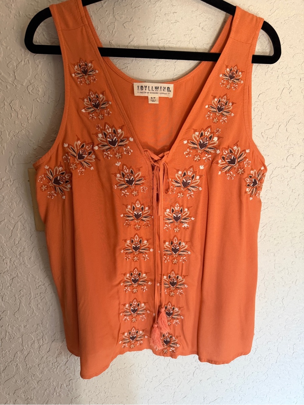 Idyllwind Orange Embroidered Tie-Front Tank
